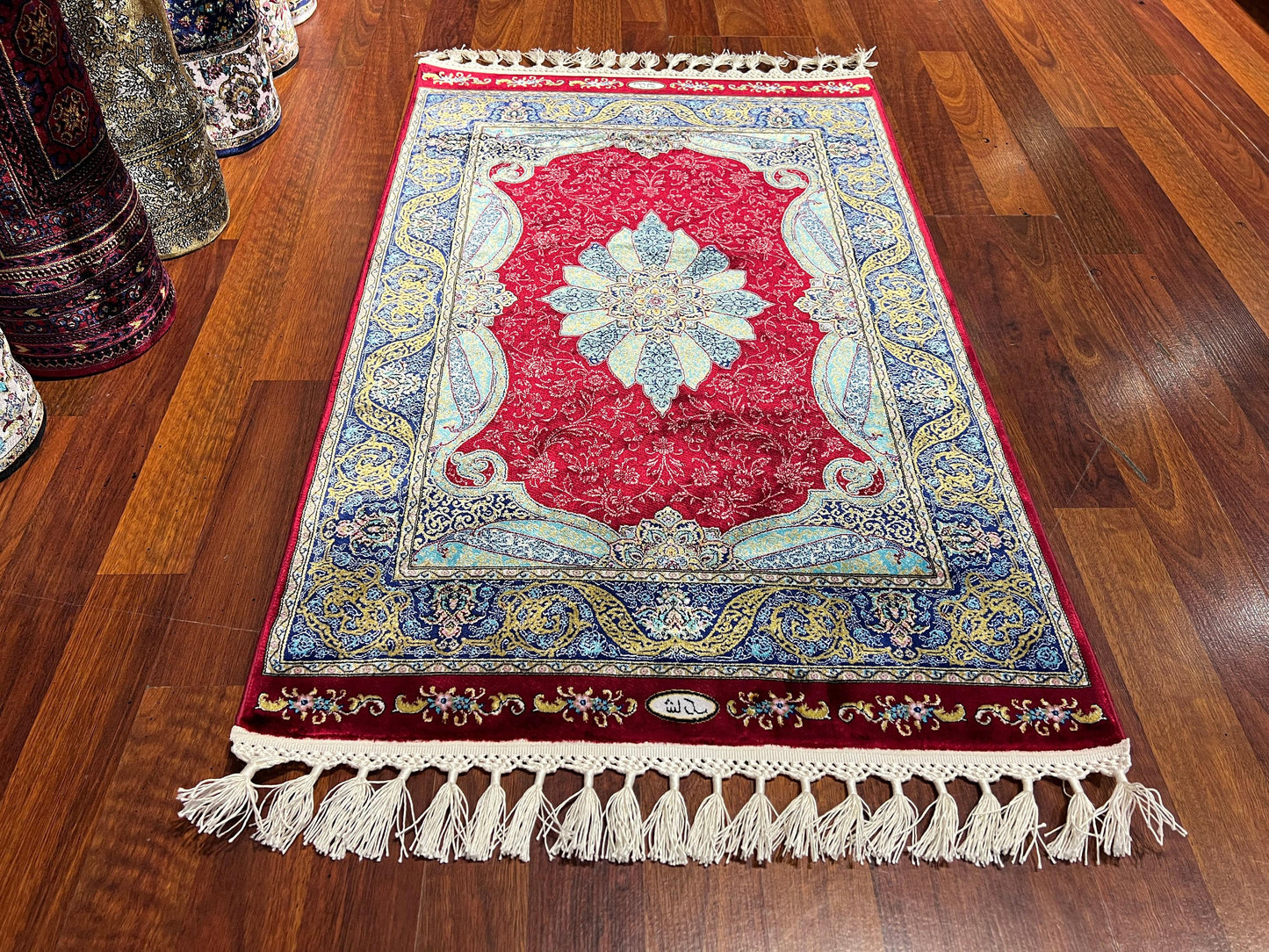 Red Blue Floral Rug, 2x3 Bamboo Silk Rug, Turkish Mini Gift Rug