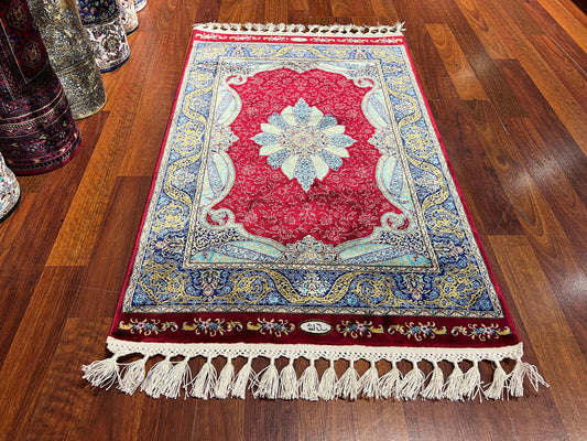 Red Blue Floral Rug, 2x3 Bamboo Silk Rug, Turkish Mini Gift Rug