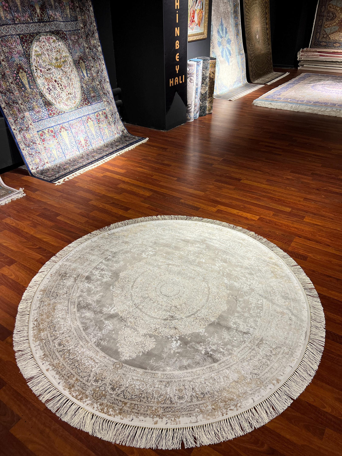 5x5ft Elegant Round Rug, Ivory Beige Circle Rug, Vintage Medallion Rug, Silk Circle Area Rug