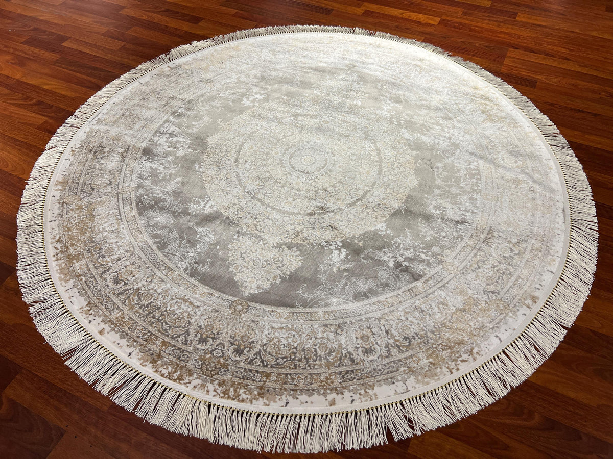 5x5ft Elegant Round Rug, Ivory Beige Circle Rug, Vintage Medallion Rug, Silk Circle Area Rug