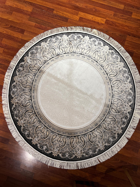 5x5ft Baroque Round Rug, Ivory Black Circle Rug, Vintage Medallion Rug, Silk Circle Area Rug