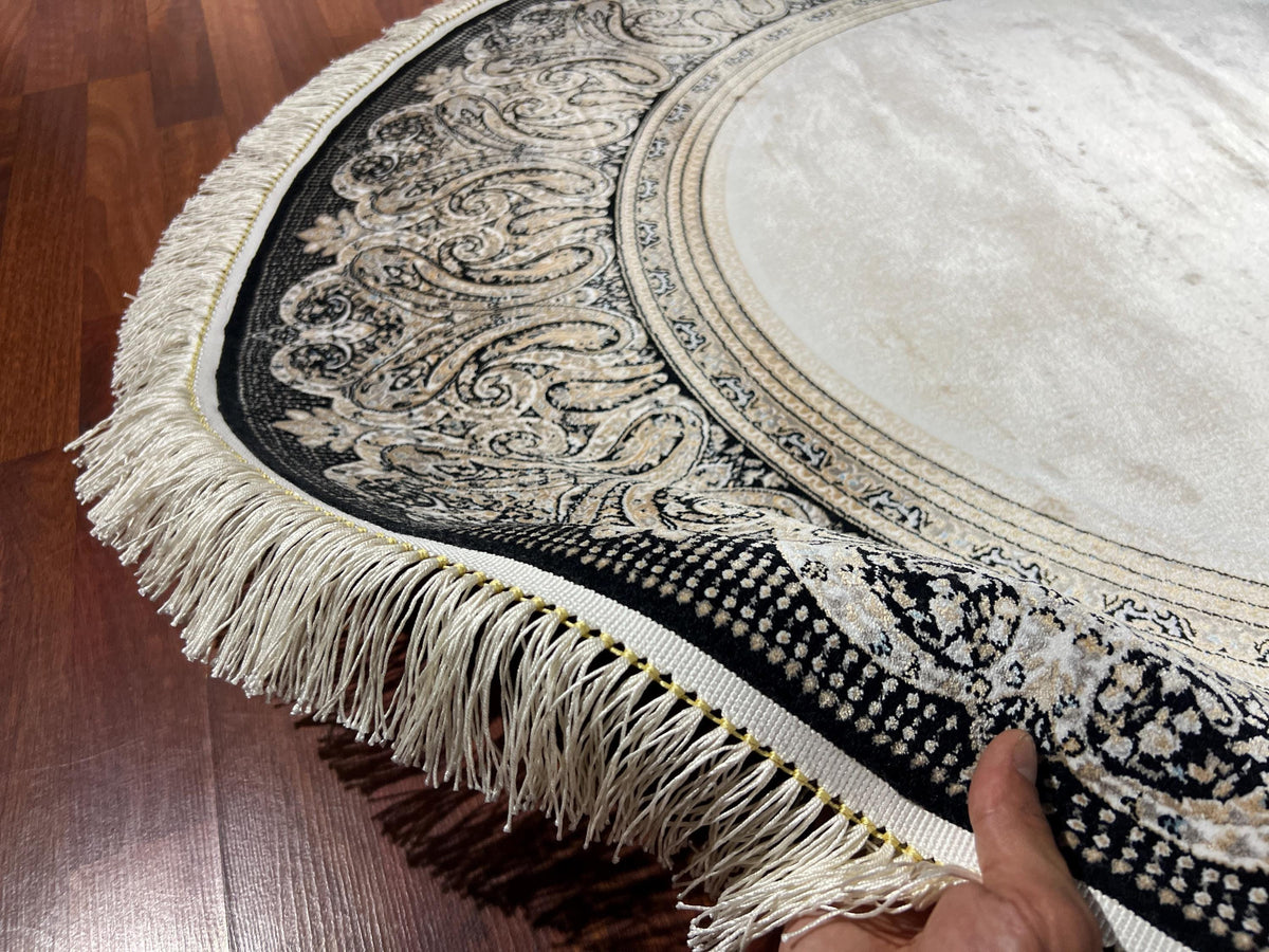 5x5ft Baroque Round Rug, Ivory Black Circle Rug, Vintage Medallion Rug, Silk Circle Area Rug