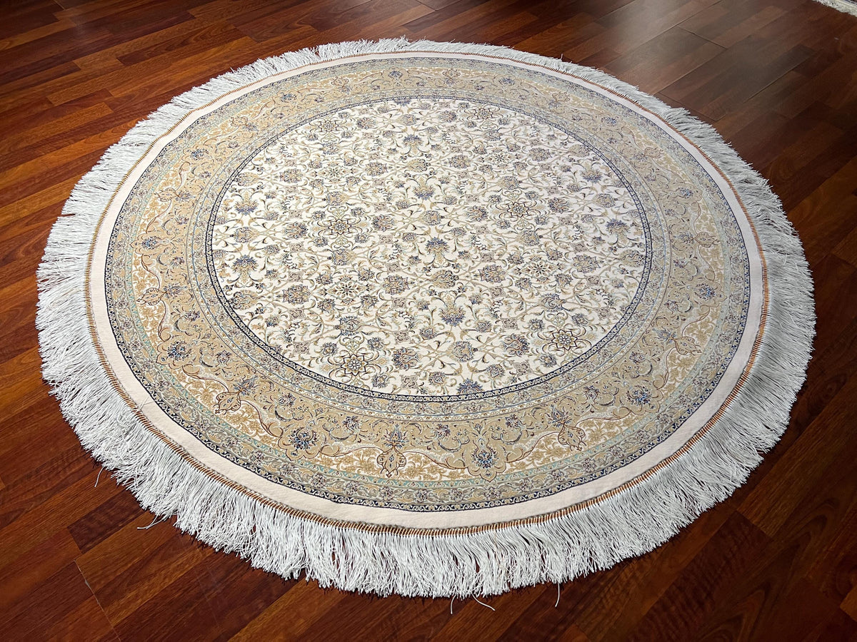 5x5ft Ivory Round Rug, Beige Floral Circle Rug, Modal Silk Rug, Luxury Living Room Rug