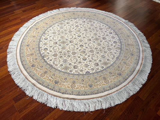 5x5ft Ivory Round Rug, Beige Floral Circle Rug, Modal Silk Rug, Luxury Living Room Rug