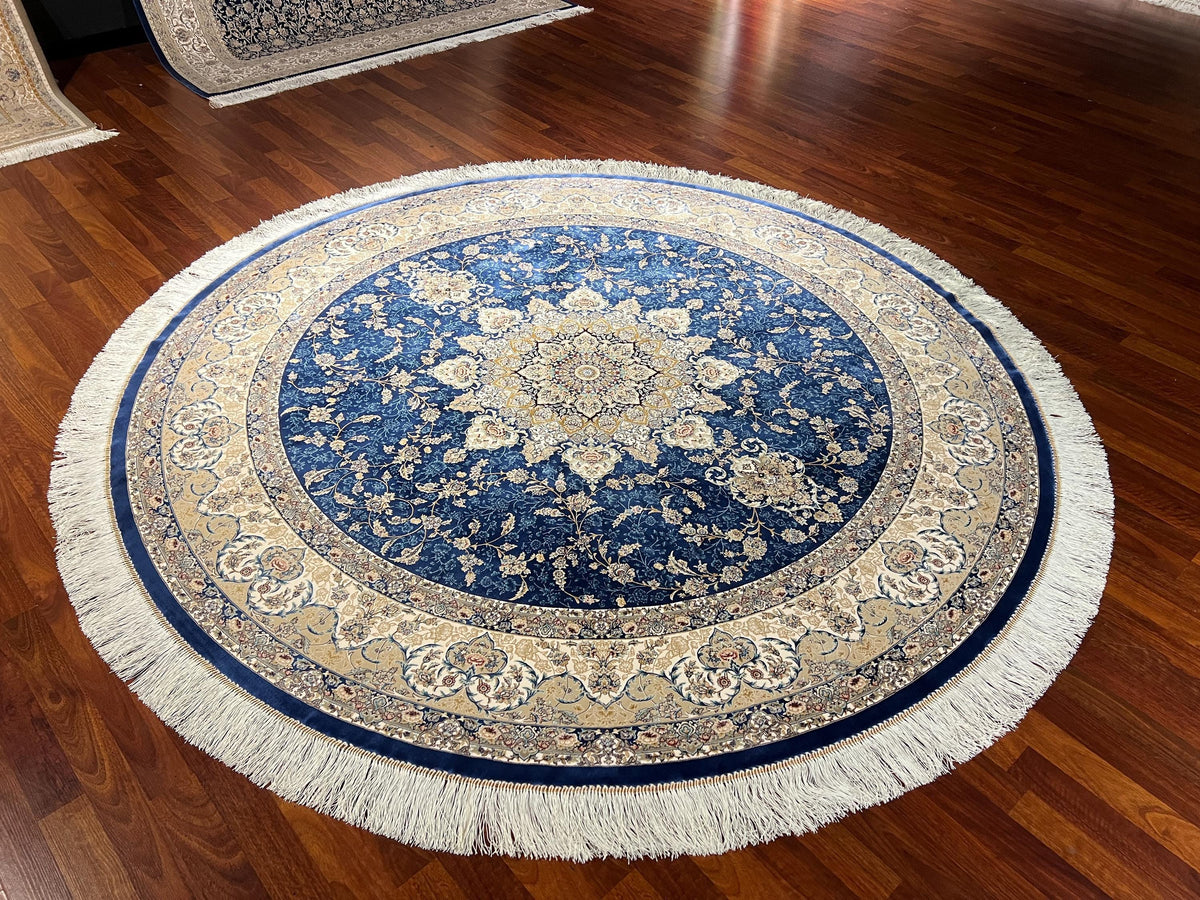 5X5ft Blue Beige Round Rug, Navy Circle Rug, Floral Medallion Rug, Silk Round Area Rug, Luxury Decor