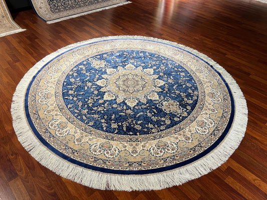 5X5ft Blue Beige Round Rug, Navy Circle Rug, Floral Medallion Rug, Silk Round Area Rug, Luxury Decor