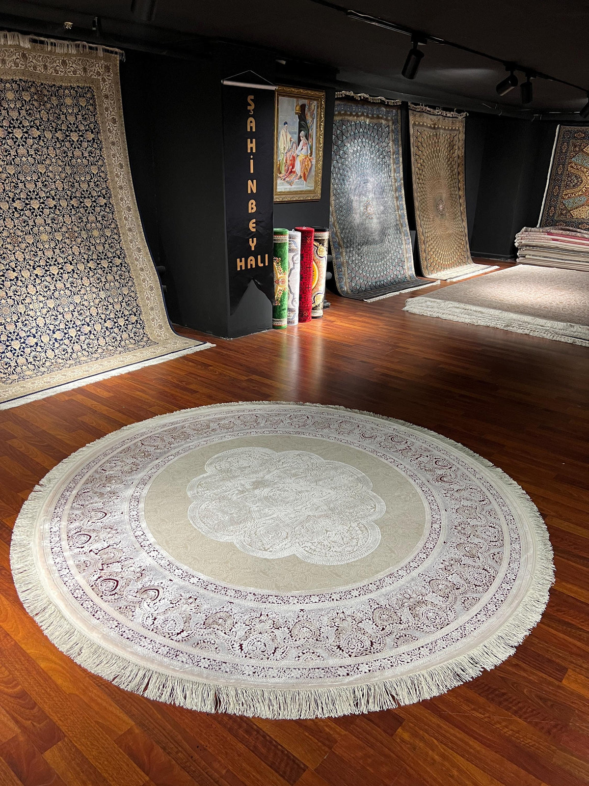 7x7ft Ivory Gray Round Rug, Beige Circle Rug, Vintage Medallion Rug, Silk Area Rug