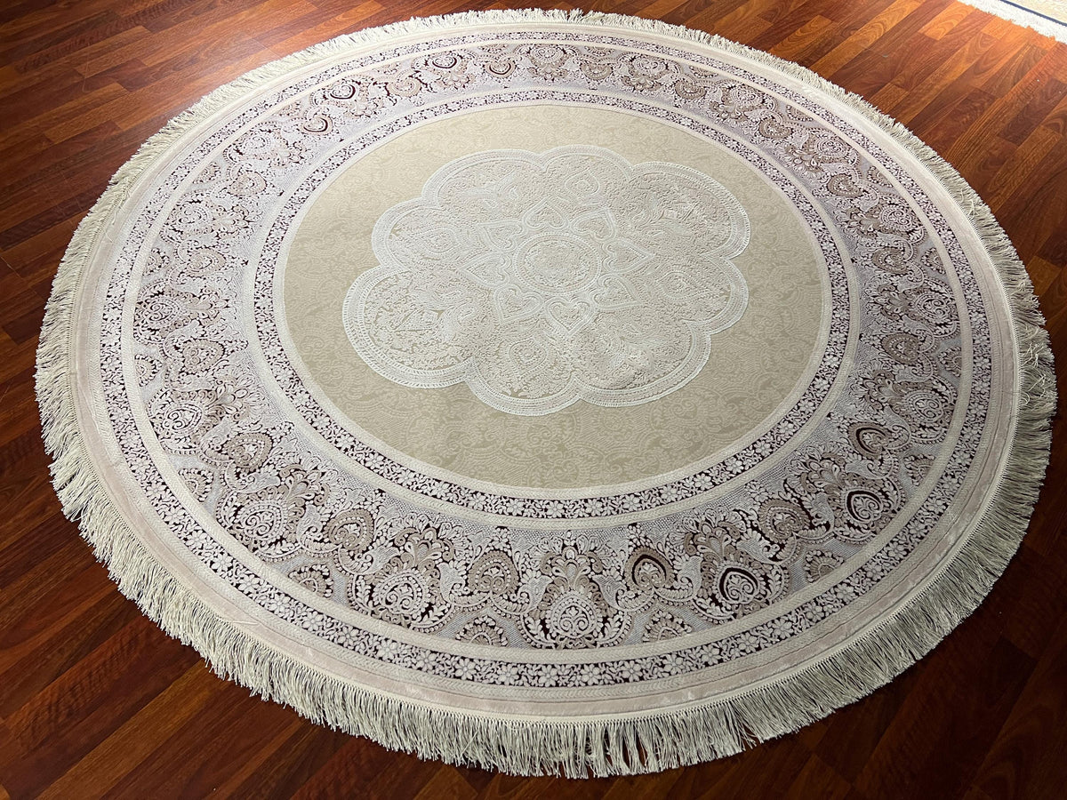 7x7ft Ivory Gray Round Rug, Beige Circle Rug, Vintage Medallion Rug, Silk Area Rug