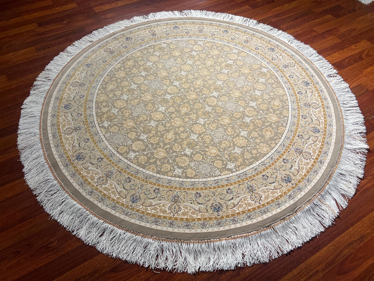 5x5ft Ivory Beige Round Rug, Floral Circle Rug, Modal Silk Rug, Luxury Area Rug, Living Room Decor