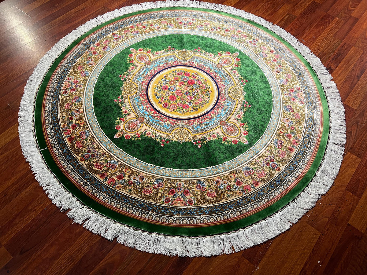 5x5ft Green Round Rug, Floral Medallion Circle Rug, Modal Silk Area Rug, Luxury Home Decor