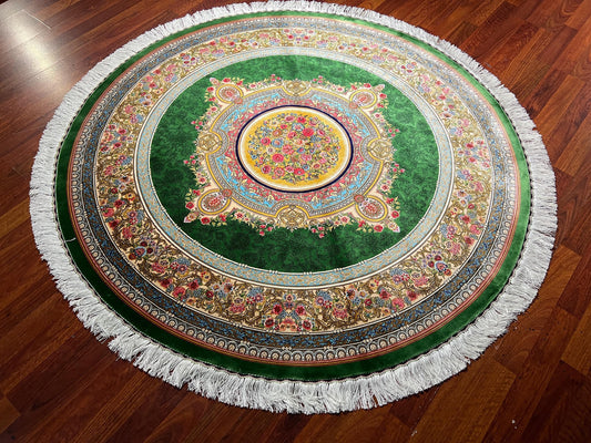 5x5ft Green Round Rug, Floral Medallion Circle Rug, Modal Silk Area Rug, Luxury Home Decor