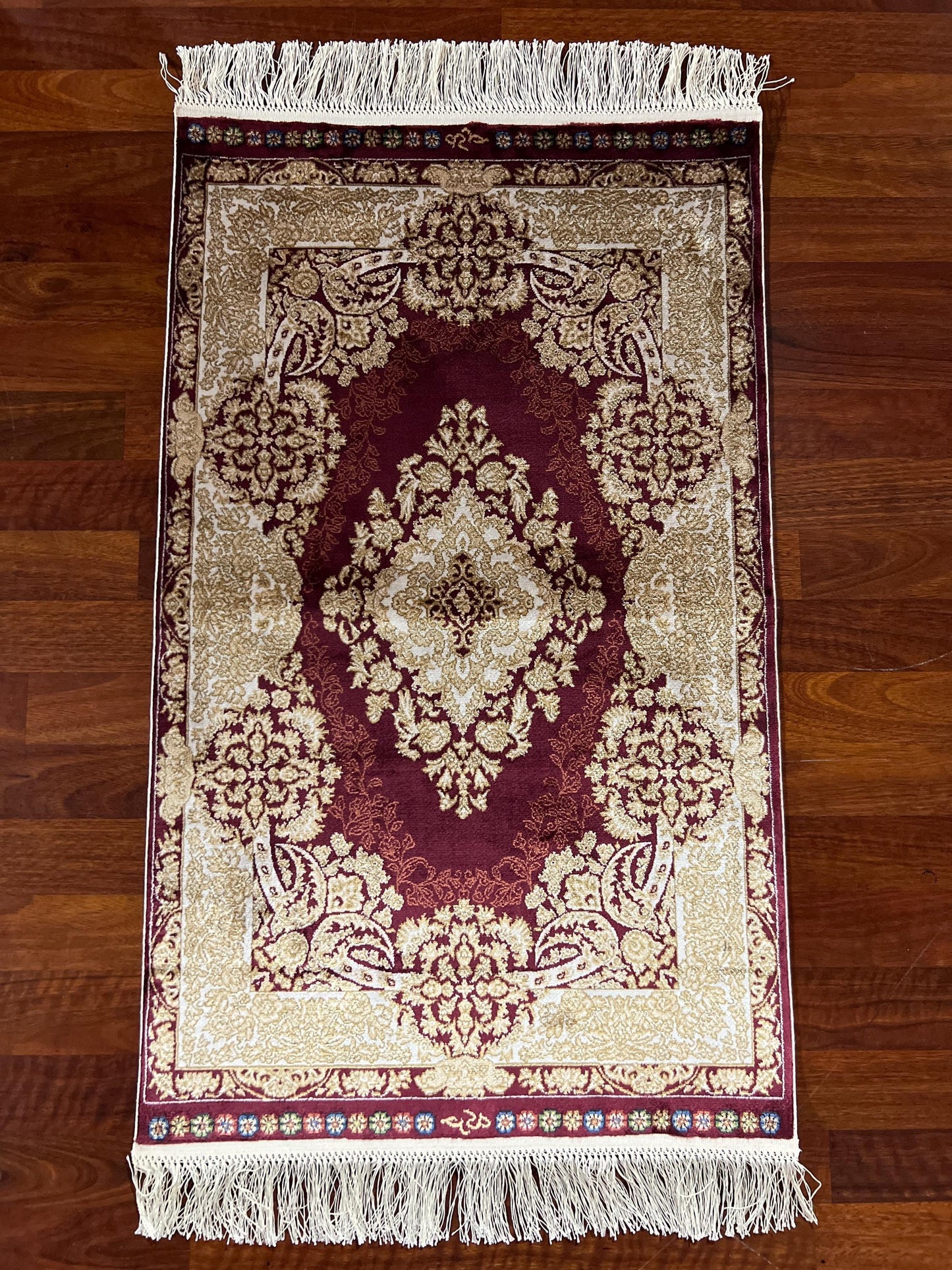 Burgundy Floral Silk Rug, 2x3 Mini Rug, Vintage Medallion Rug, Gift Rug