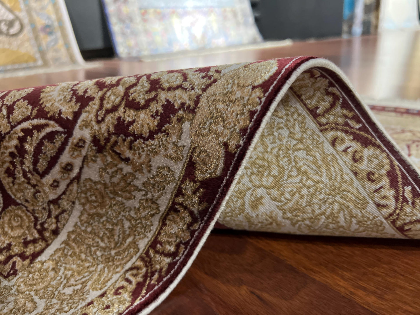 Burgundy Floral Silk Rug, 2x3 Mini Rug, Vintage Medallion Rug, Gift Rug