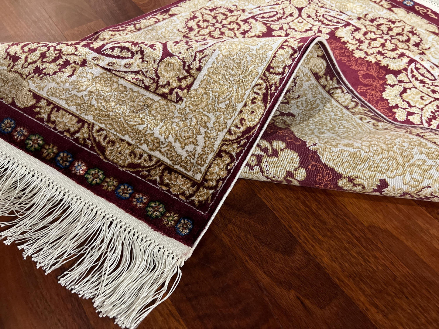 Burgundy Floral Silk Rug, 2x3 Mini Rug, Vintage Medallion Rug, Gift Rug