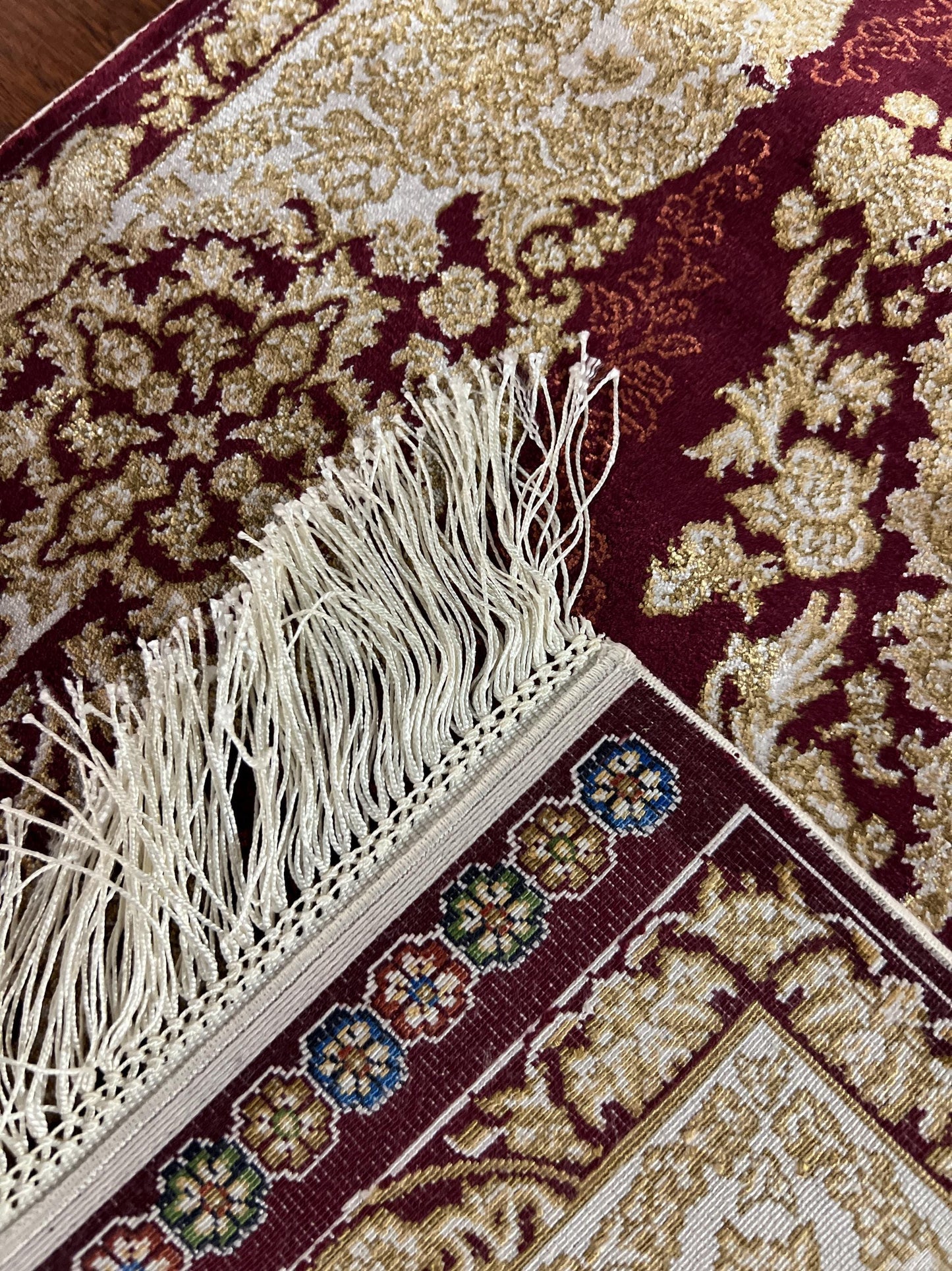 Burgundy Floral Silk Rug, 2x3 Mini Rug, Vintage Medallion Rug, Gift Rug
