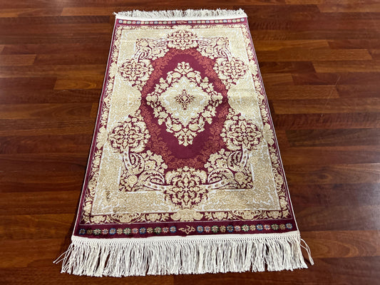 Burgundy Floral Silk Rug, 2x3 Mini Rug, Vintage Medallion Rug, Gift Rug