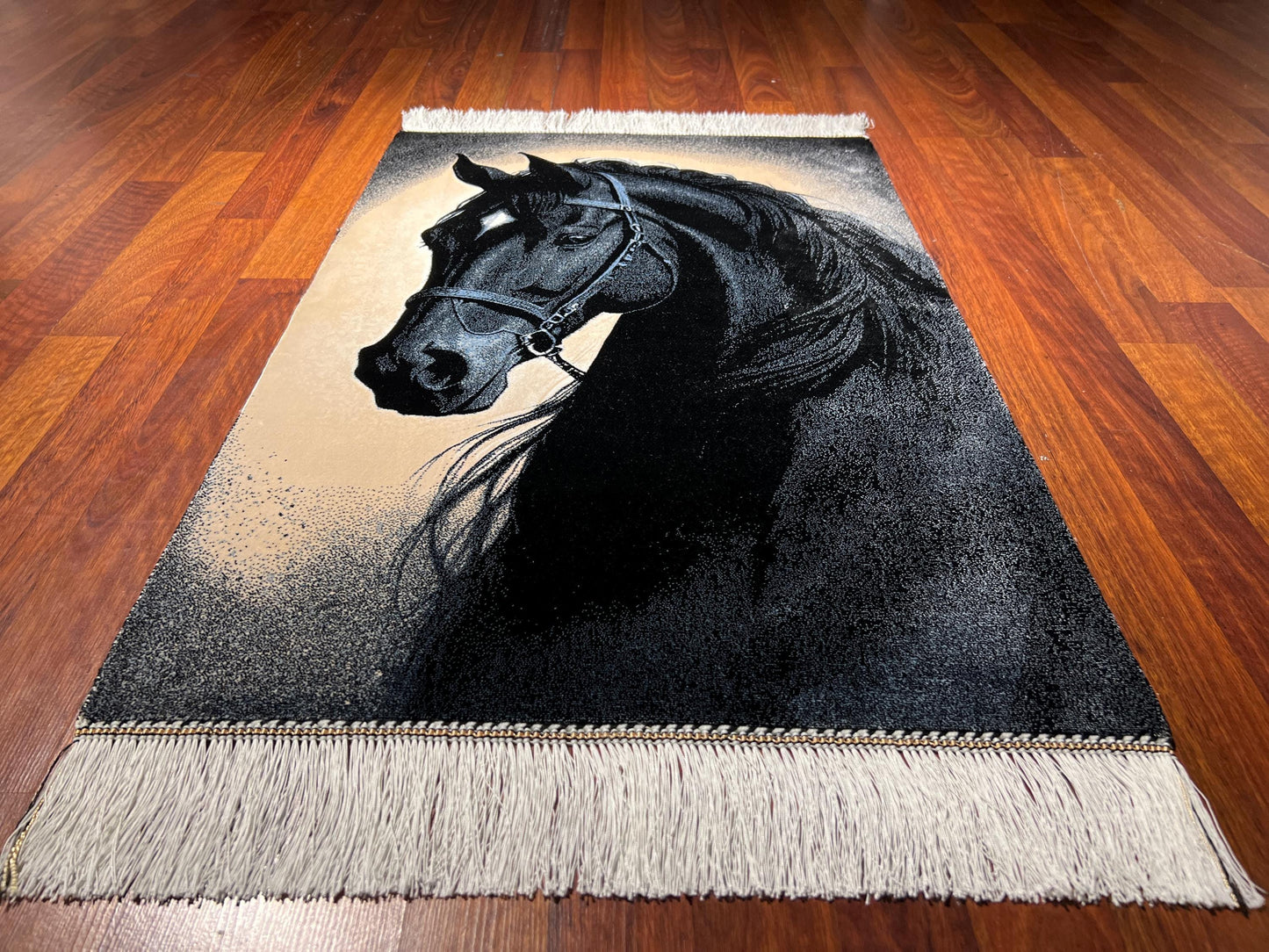 Black Stallion Silk Rug, 2x3 Horse Mini Rug, Equestrian Wall Decor, Gift Rug
