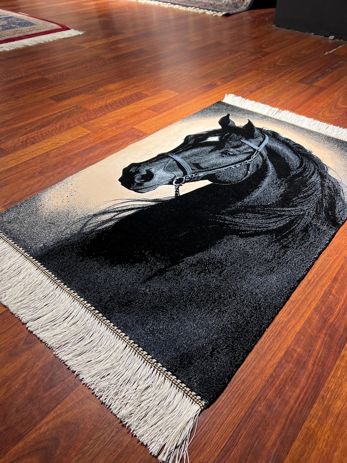 Black Stallion Silk Rug, 2x3 Horse Mini Rug, Equestrian Wall Decor, Gift Rug
