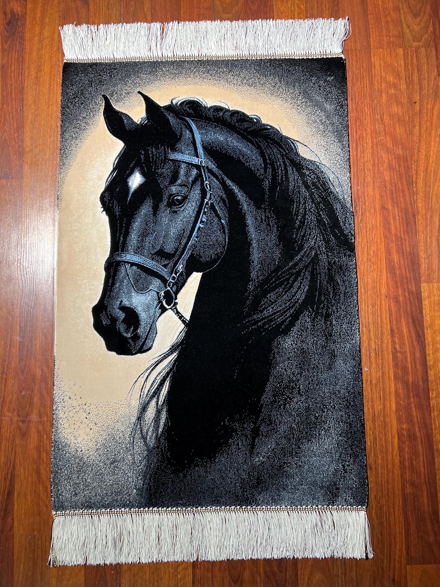 Black Stallion Silk Rug, 2x3 Horse Mini Rug, Equestrian Wall Decor, Gift Rug