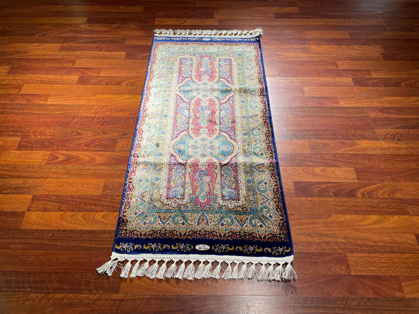 2x6ft Blue Floral Runner Rug, Bamboo Silk Hallway Rug, Turkish Runner Carpet, Luxury Home Decor