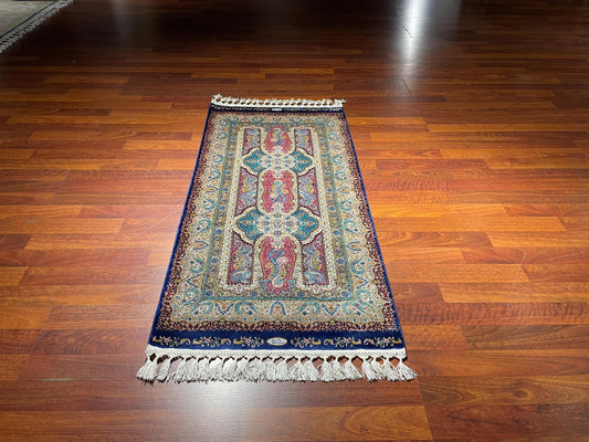 2x6ft Blue Floral Runner Rug, Bamboo Silk Hallway Rug, Turkish Runner Carpet, Luxury Home Decor