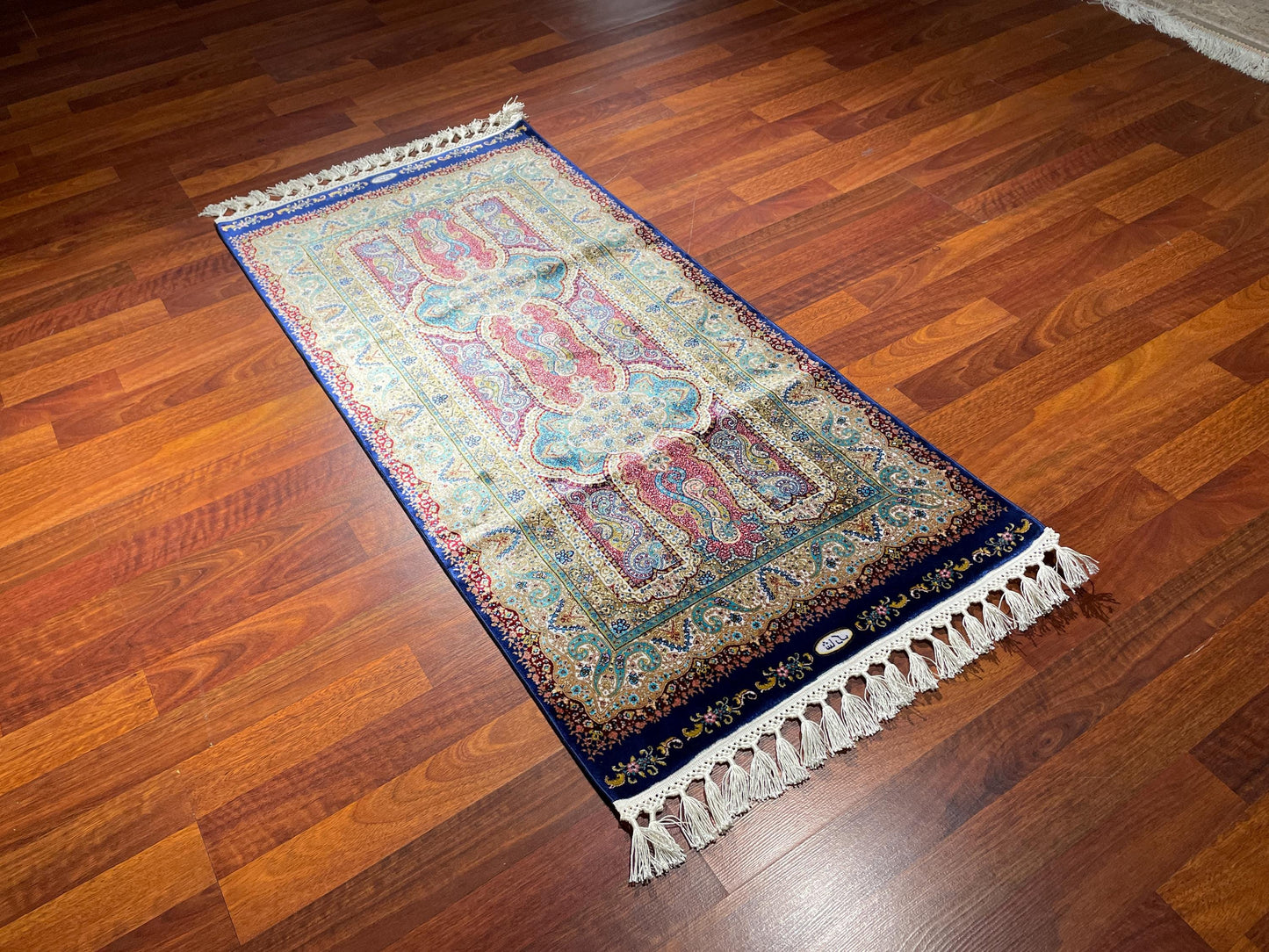 2x6ft Blue Floral Runner Rug, Bamboo Silk Hallway Rug, Turkish Runner Carpet, Luxury Home Decor