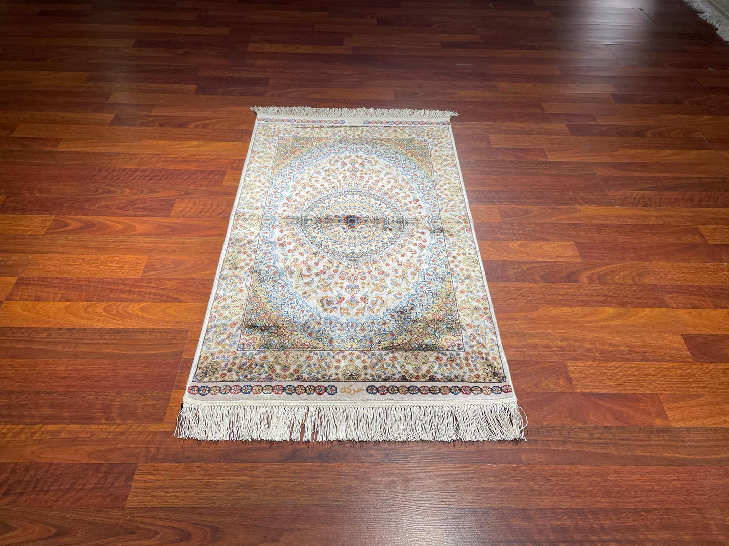 2x3 Ivory Floral Medallion Rug, Bamboo Silk Rug, Turkish Accent Rug, Gift Decor