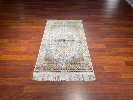 2x3 Ivory Floral Medallion Rug, Bamboo Silk Rug, Turkish Accent Rug, Gift Decor
