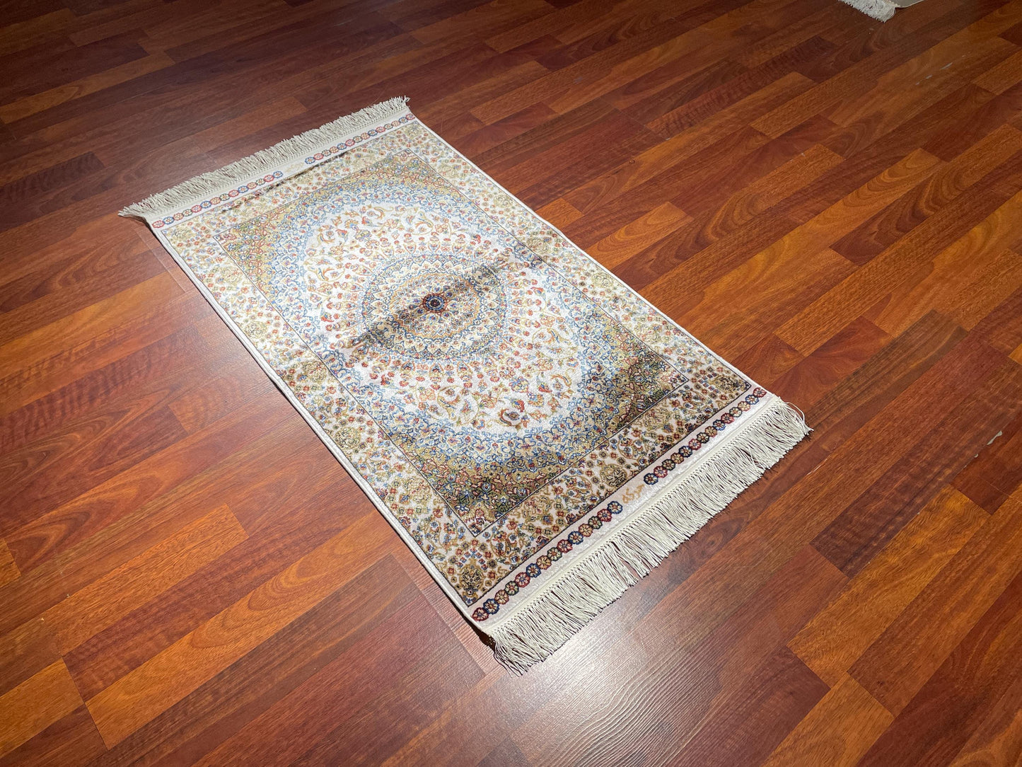 2x3 Ivory Floral Medallion Rug, Bamboo Silk Rug, Turkish Accent Rug, Gift Decor