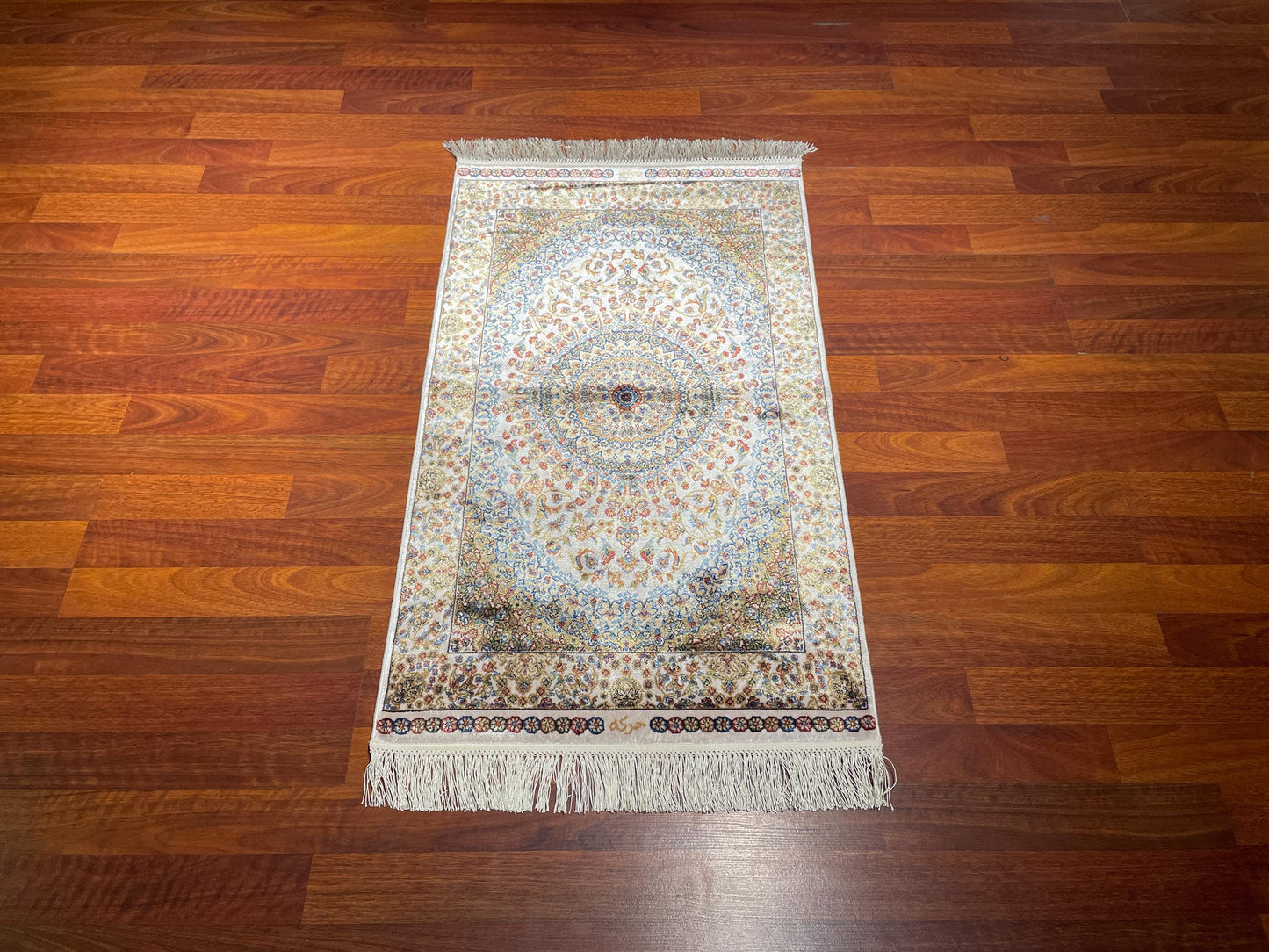 2x3 Ivory Floral Medallion Rug, Bamboo Silk Rug, Turkish Accent Rug, Gift Decor
