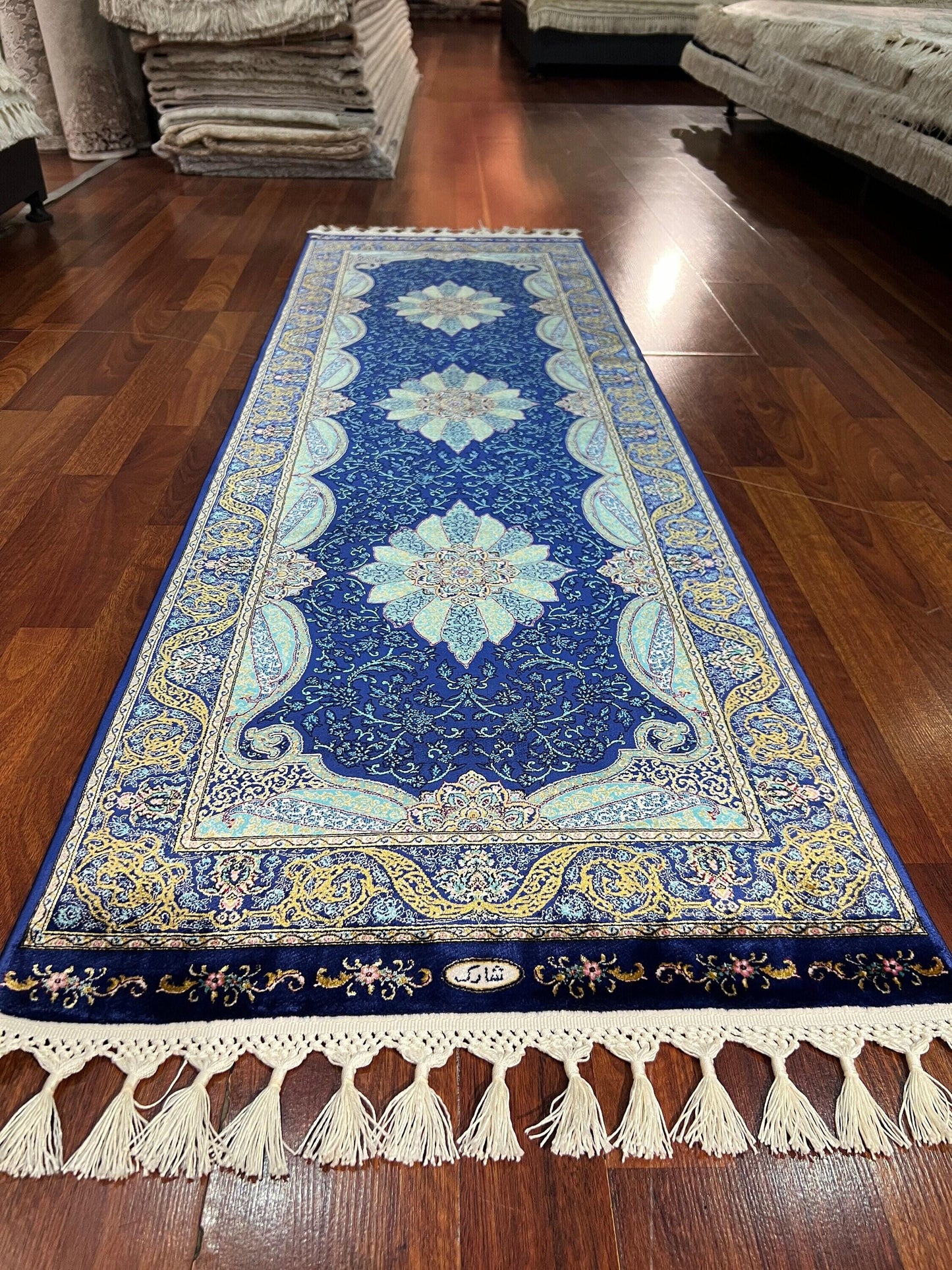 3x10ft Blue Silk Runner Rug, Navy Floral Hallway Rug, Silk Living Room Rug