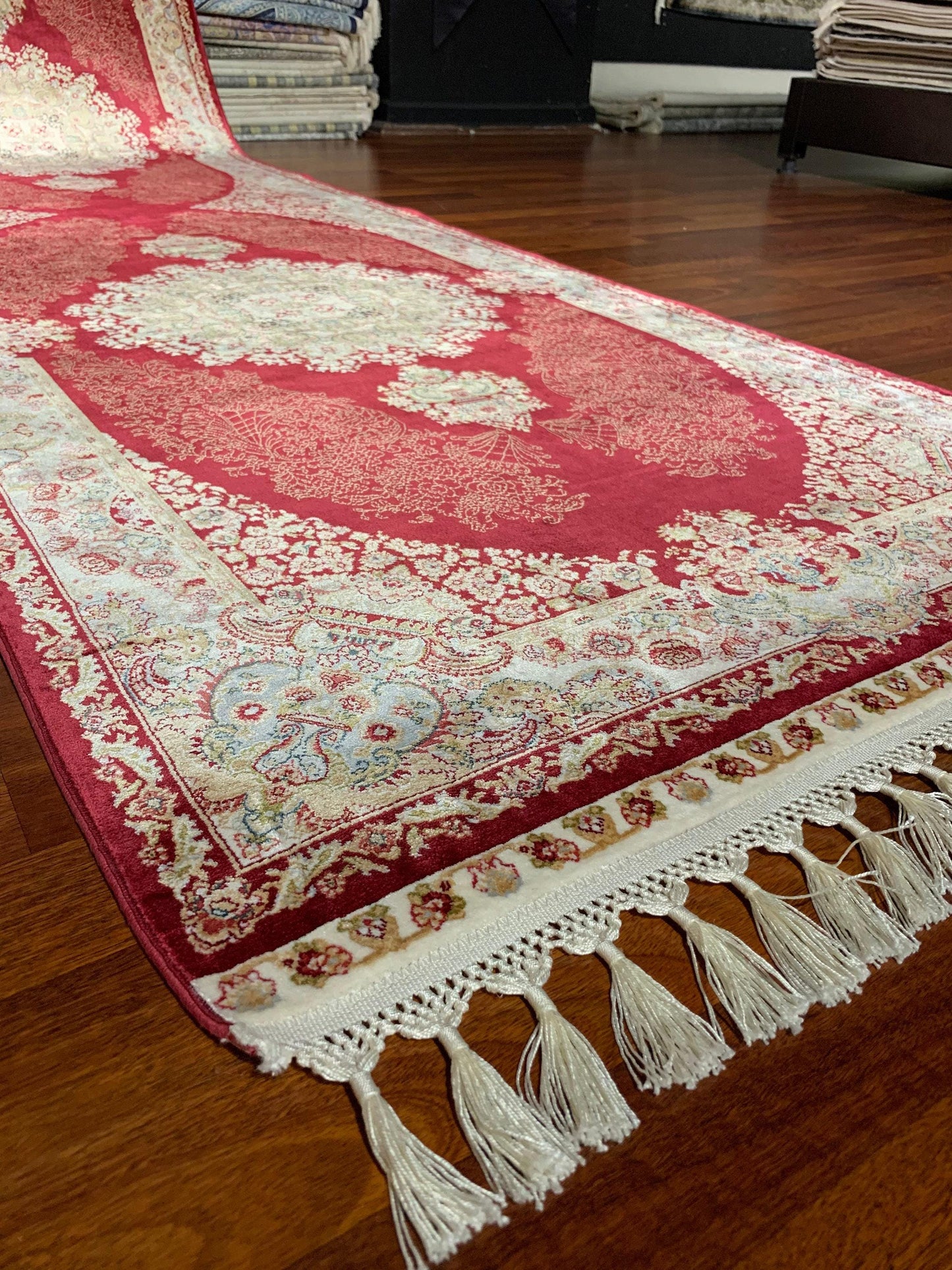 3x10 Red Silk Runner Rug, Beige Gold Entryway Rug, Floral Medallion Living Room Rug