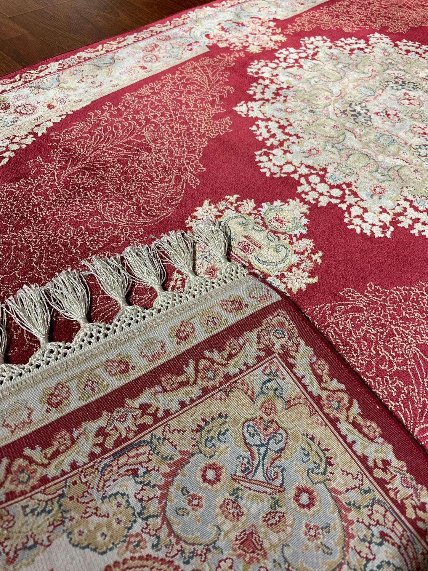 3x10 Red Silk Runner Rug, Beige Gold Entryway Rug, Floral Medallion Living Room Rug