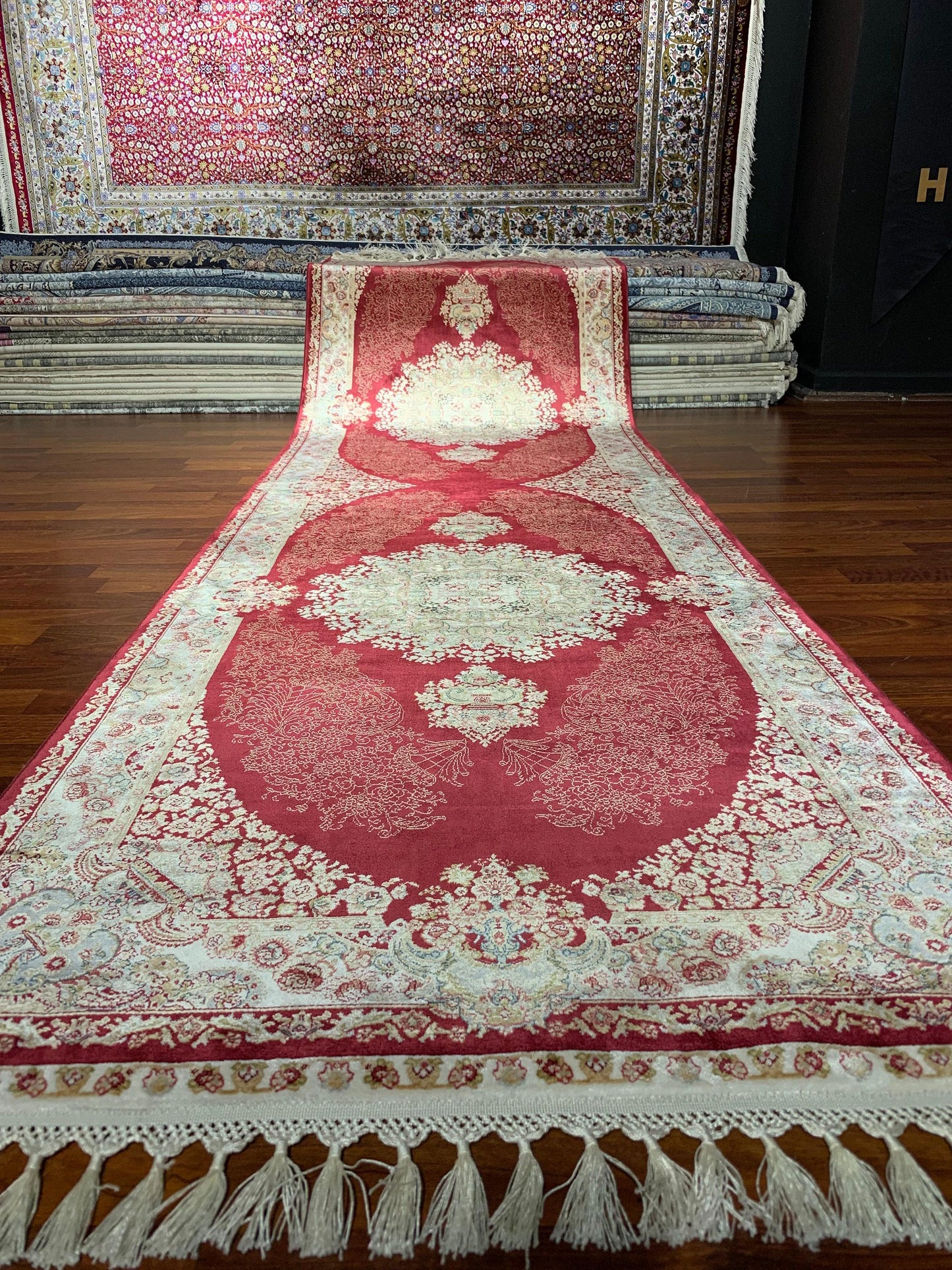 3x10 Red Silk Runner Rug, Beige Gold Entryway Rug, Floral Medallion Living Room Rug
