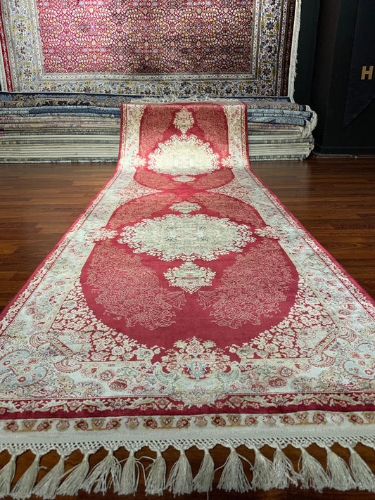 3x10 Red Silk Runner Rug, Beige Gold Entryway Rug, Floral Medallion Living Room Rug