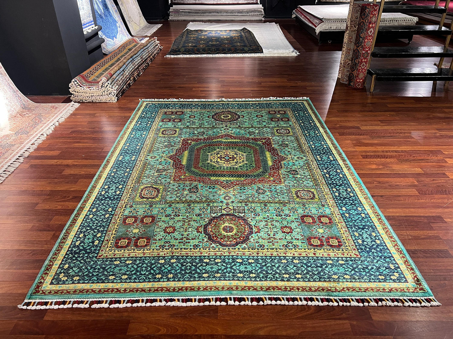 6x8 Green Blue Mamluk Rug, Geometric Medallion Wool Rug, Boho Living Room Area Rug