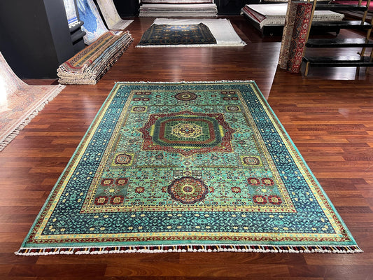 6x8 Green Blue Mamluk Rug, Geometric Medallion Wool Rug, Boho Living Room Area Rug
