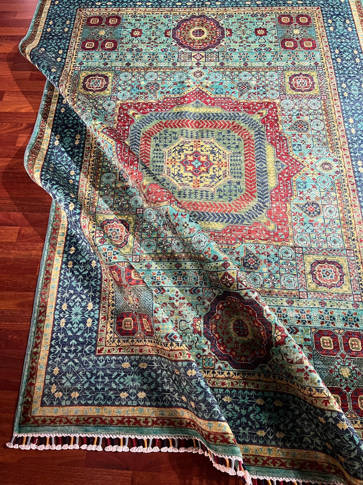 6x8 Green Blue Mamluk Rug, Geometric Medallion Wool Rug, Boho Living Room Area Rug