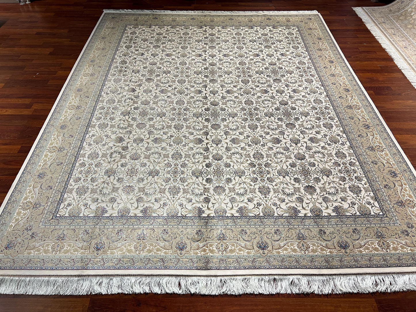 8x10 Light Ivory Floral Rug, Wool Silk Area Rug, Luxury Oversized Living Room Rug