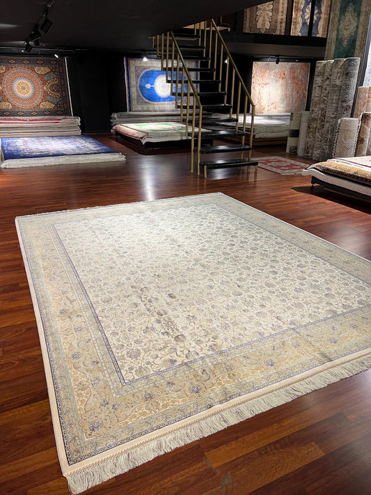 8x10 Light Ivory Floral Rug, Wool Silk Area Rug, Luxury Oversized Living Room Rug