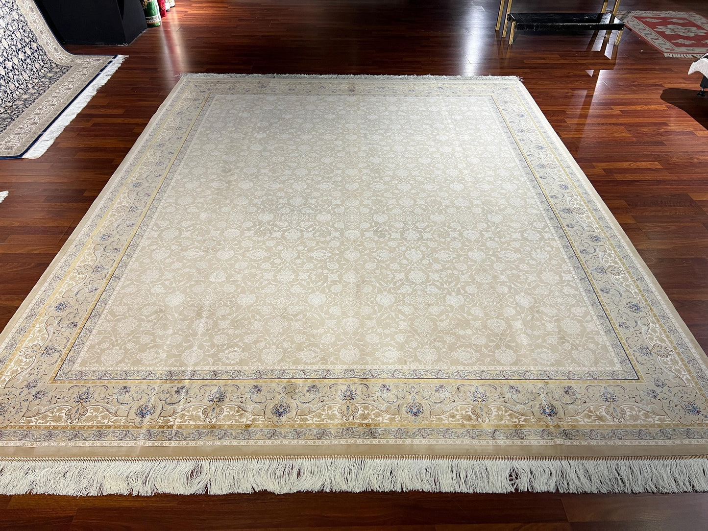 8x12ft Gold Beige Floral Rug, Acrylic Modal Silk Area Rug, Luxury Oversized Living Room Rug