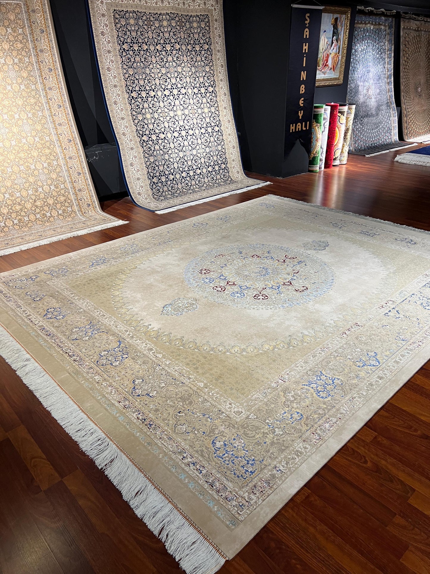8x10 Gold Blue Medallion Rug, Acrylic Modal Silk Area Rug, Luxury Oversized Living Room Rug