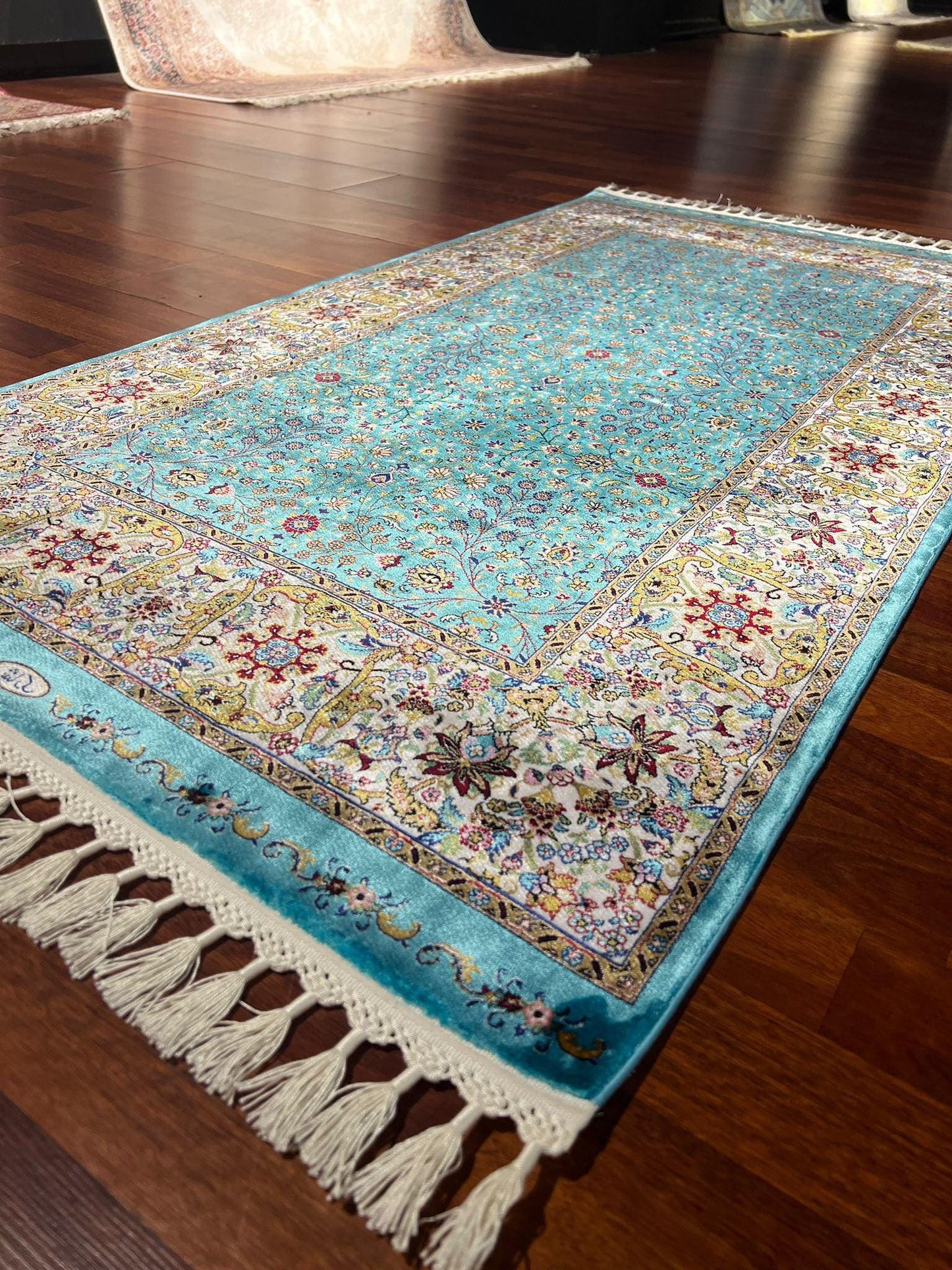 3x5 Turquoise Floral Rug, Bamboo Silk Accent Rug, Turkish Decor Rug, Gift Rug