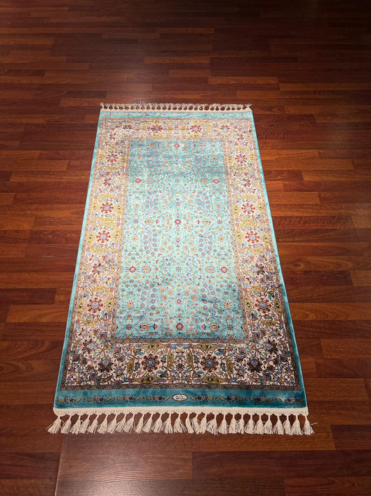 3x5 Turquoise Floral Rug, Bamboo Silk Accent Rug, Turkish Decor Rug, Gift Rug