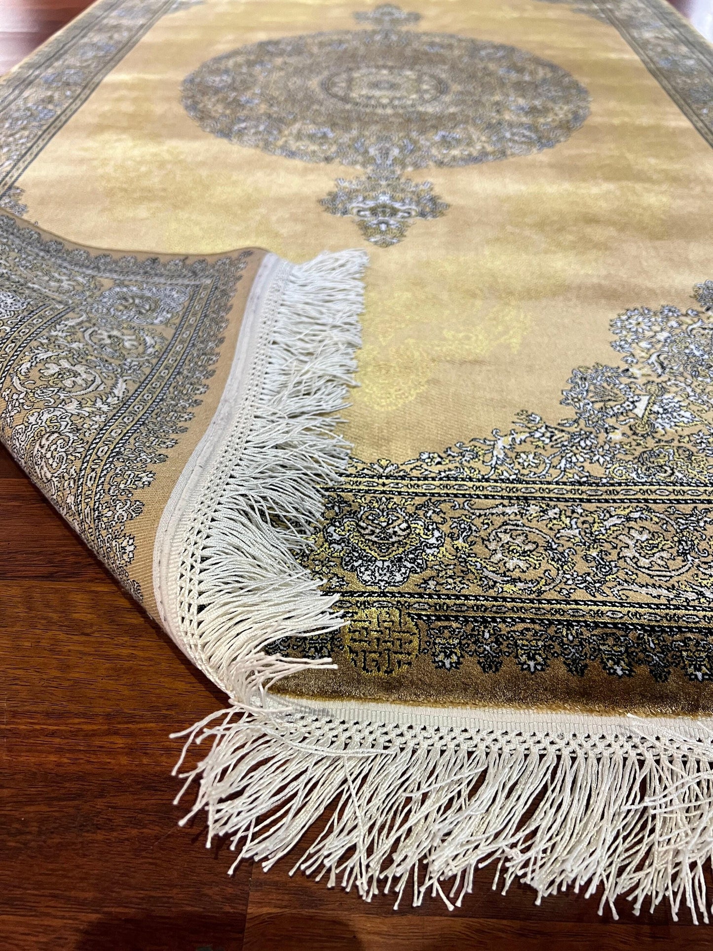 3x5 Gold Medallion Rug, Bamboo Silk Accent Rug, Turkish Luxury Decor Rug
