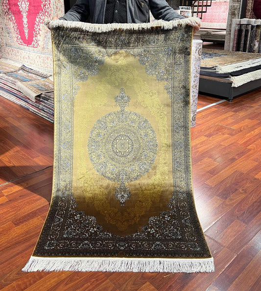 3x5 Gold Medallion Rug, Bamboo Silk Accent Rug, Turkish Luxury Decor Rug