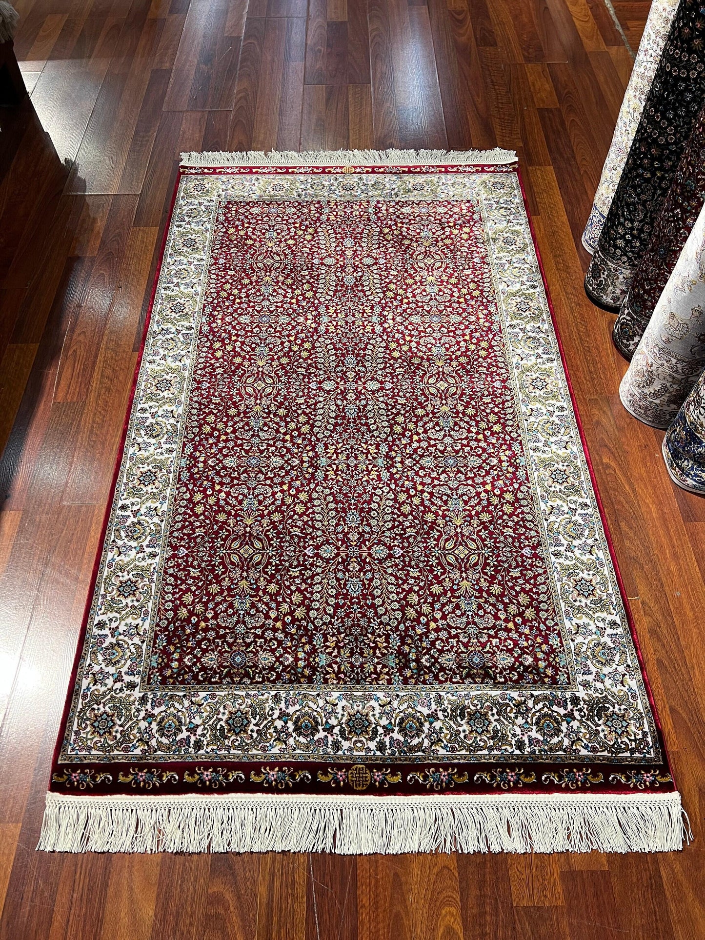 3x5 Red Floral Bamboo Silk Rug, Turkish Garden Design Rug, Luxury Accent Rug