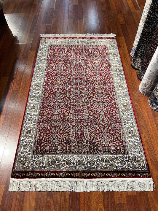 3x5 Red Floral Bamboo Silk Rug, Turkish Garden Design Rug, Luxury Accent Rug