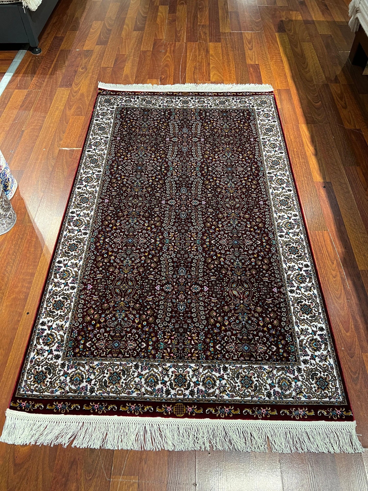 3x5 Red Floral Bamboo Silk Rug, Turkish Garden Design Rug, Luxury Accent Rug