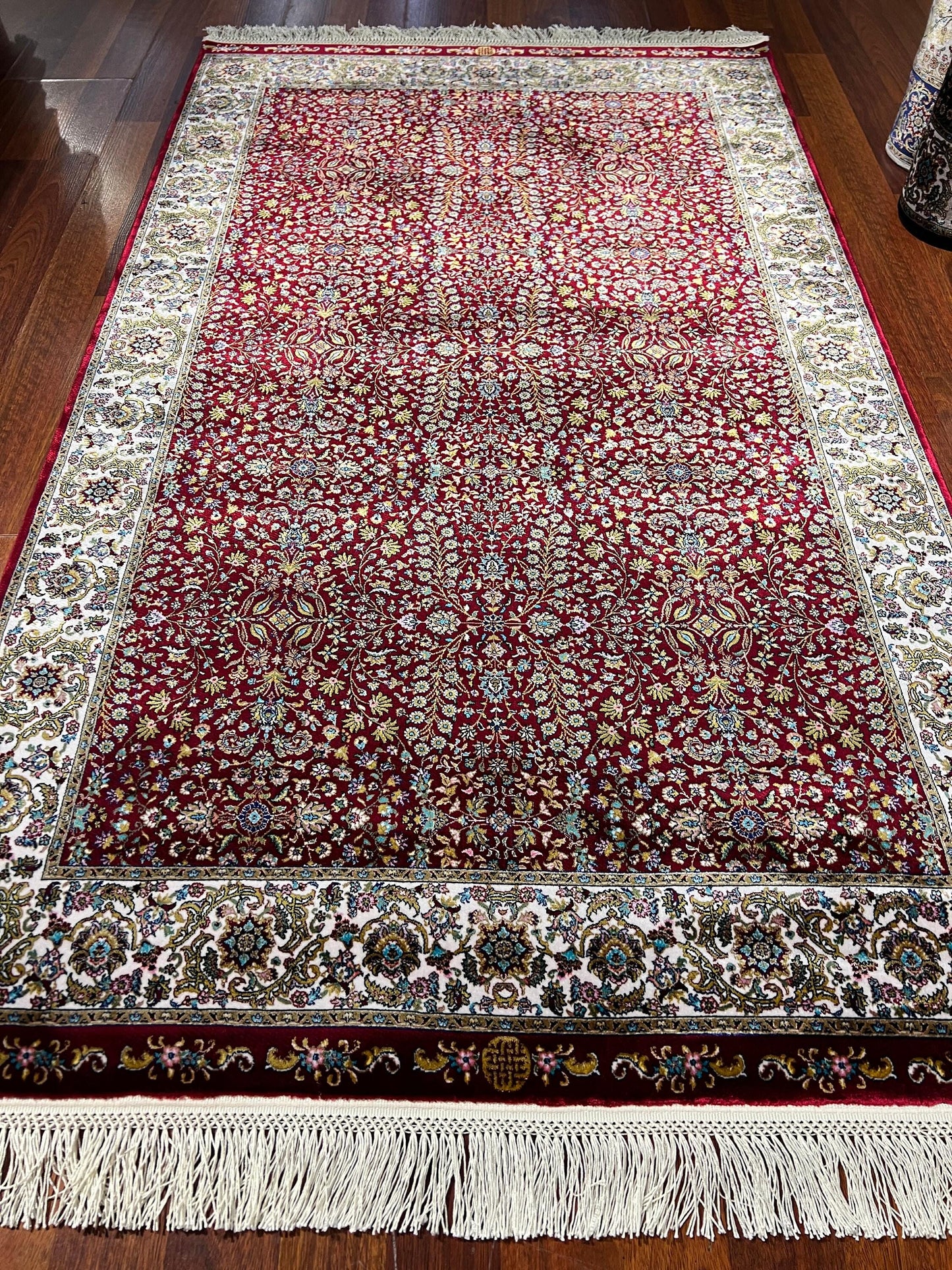 3x5 Red Floral Bamboo Silk Rug, Turkish Garden Design Rug, Luxury Accent Rug